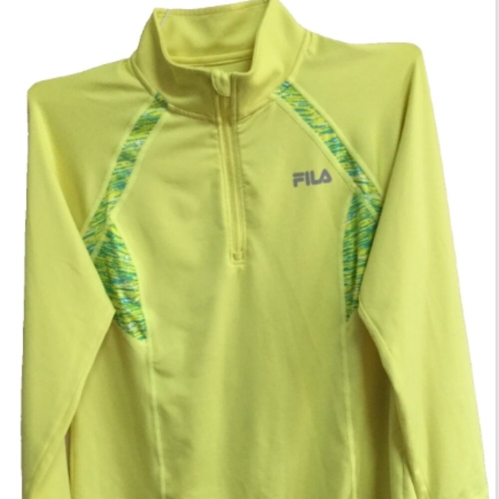 FILA Women L Pullover Athletic Performance Running 1/4 Zip Layered Yellow Green